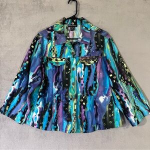 Gaudy Couture Painted Abstract Denim Jacket Extreme Art To Wear Womens XL Cotton